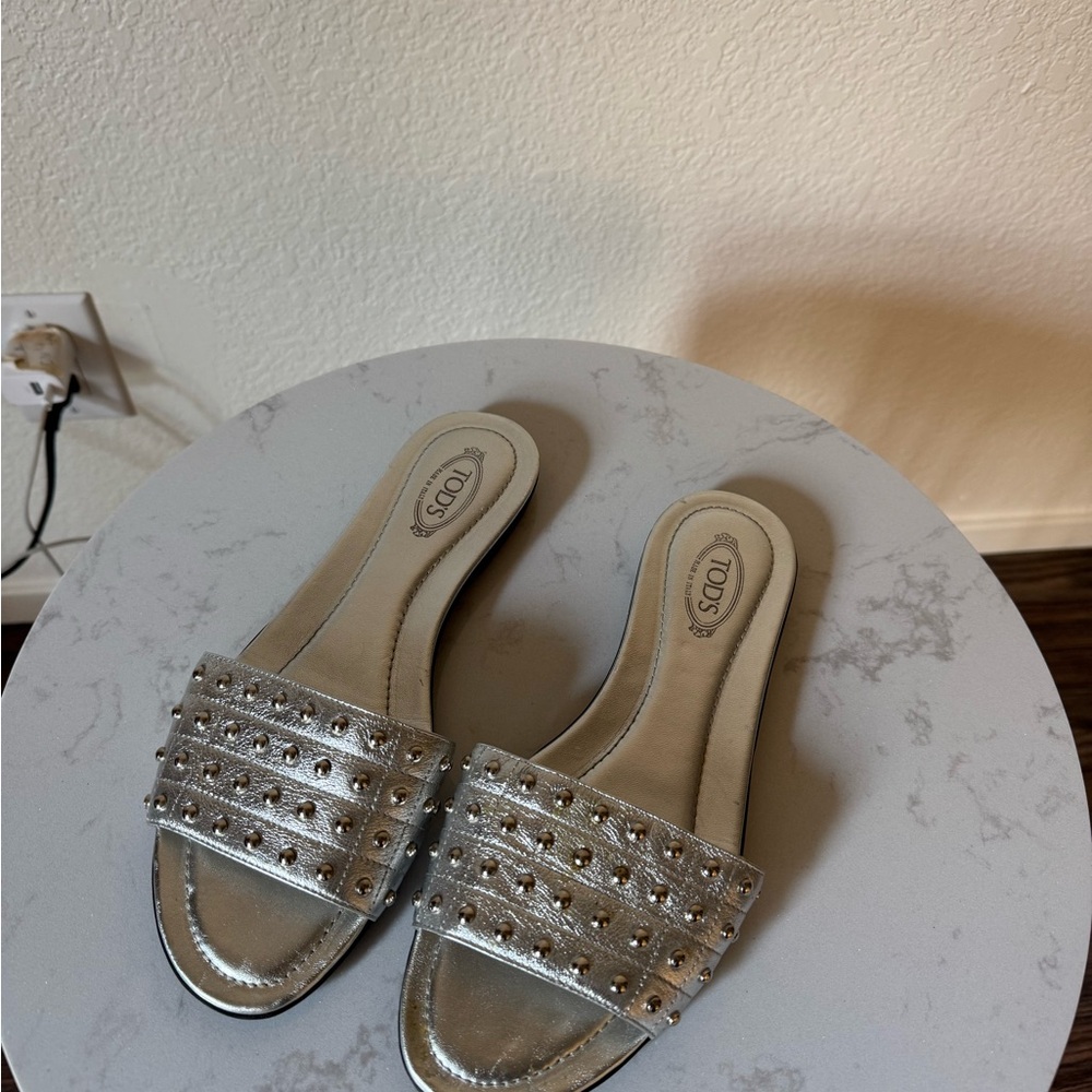 Tod's Silver Studded Women's Slide Sandals